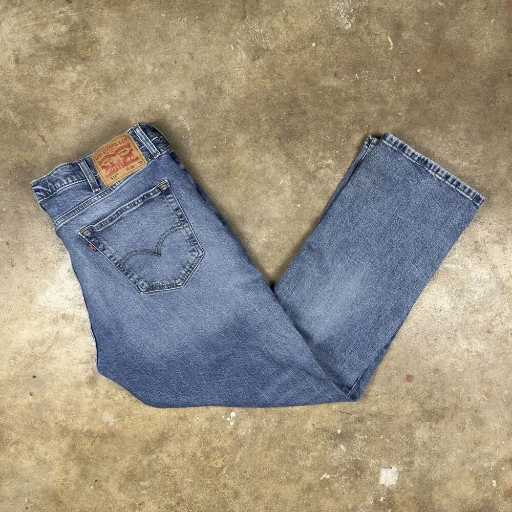 Levi’s 514 Straight Fit Blue Jeans Men’s Size 37x29.5 Distressed Wash Denim‎